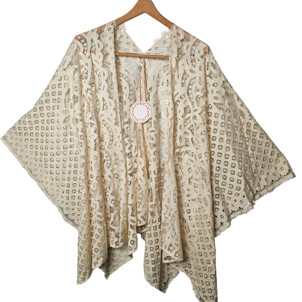 Umgee Womens Floral Lace Sheer Kimono Cardigan M/L Cream Boho Romantic Festival